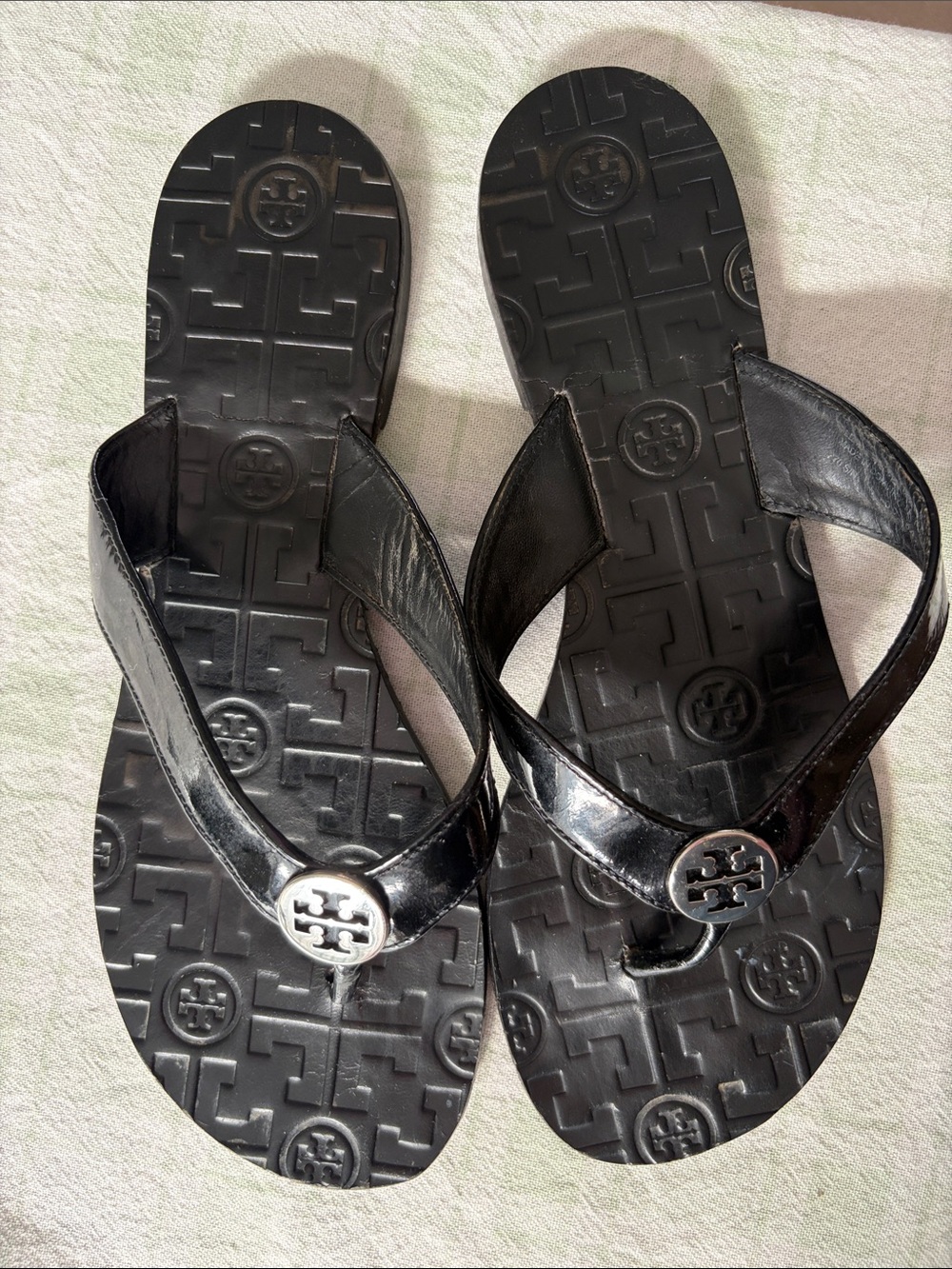 Tory Burch Black Patent Logo Thong Sandals
